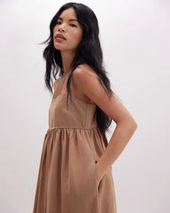 Womens Linen Maxi Dress - Rayon Linen Woven - Cafe Au Lait