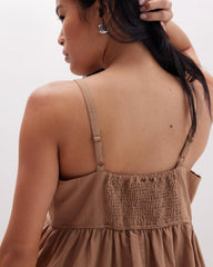 Womens Linen Maxi Dress - Rayon Linen Woven - Cafe Au Lait