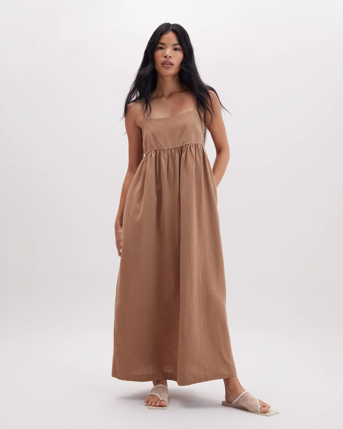 Womens Linen Maxi Dress - Rayon Linen Woven - Cafe Au Lait