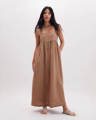 Womens Linen Maxi Dress - Rayon Linen Woven - Cafe Au Lait
