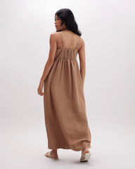 Womens Linen Maxi Dress - Rayon Linen Woven - Cafe Au Lait